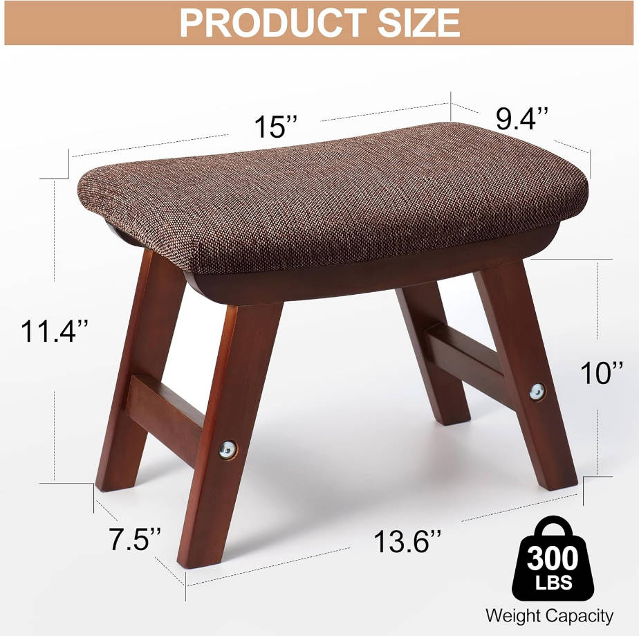 taburete otomano de 15.4 x 10 x 12 pulgadas con marco de madera y cojín de tela, reposapiés otomano para debajo del escritorio, reposapiés para sofá, silla (patas de madera