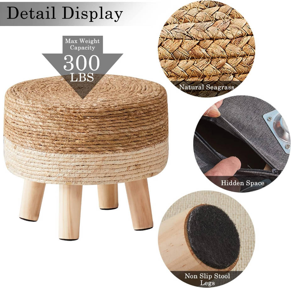 Taburete de pie natural de algas marinas tejidas a mano, otomano redondo para sofá, escritorio, taburete suave acolchado con patas de pino antideslizantes para pasillo, oficina, sala de