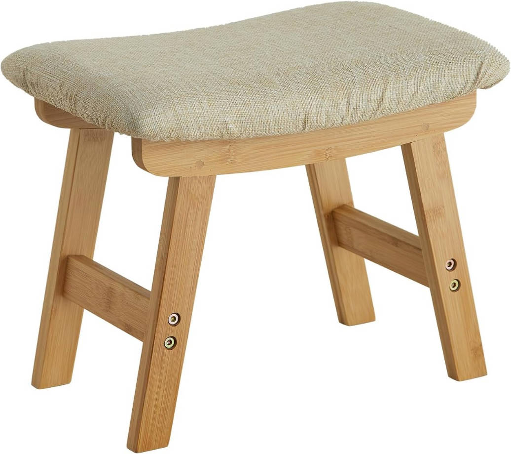 Taburete otomano para pies debajo del escritorio, taburete pequeño para sala de estar, dormitorio y cocina (patas naturales, superficie de taburete beige)