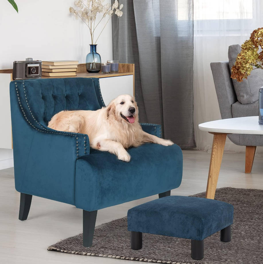 Taburete pequeño otomano con reposapiés tapizado de tela de 15 pulgadas para silla, escritorio debajo de la oficina, sala de estar, azul marino