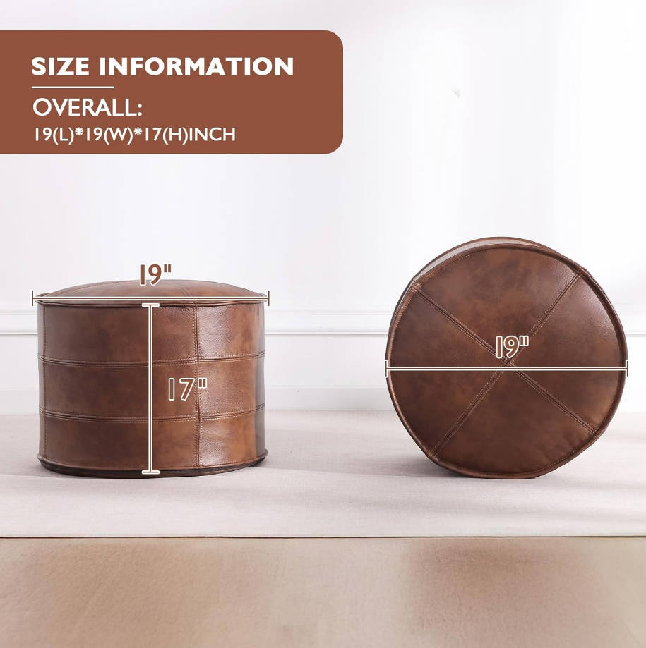 de cuero, otomana cuadrada rellena hecha a mano, puf de cuero auténtico, reposapiés, asiento cómodo y suave para sala de estar y dormitorio (marrón, redondo)