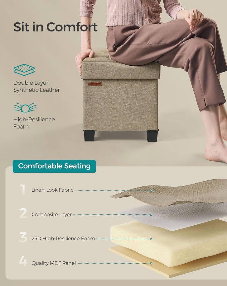 Otomana de almacenamiento, reposapiés otomano pequeño con patas, taburete de pie de 15 x 15 x 15.7 pulgadas, carga de hasta 660 libras, para sala de estar, dormitorio, dormitorio, marrón