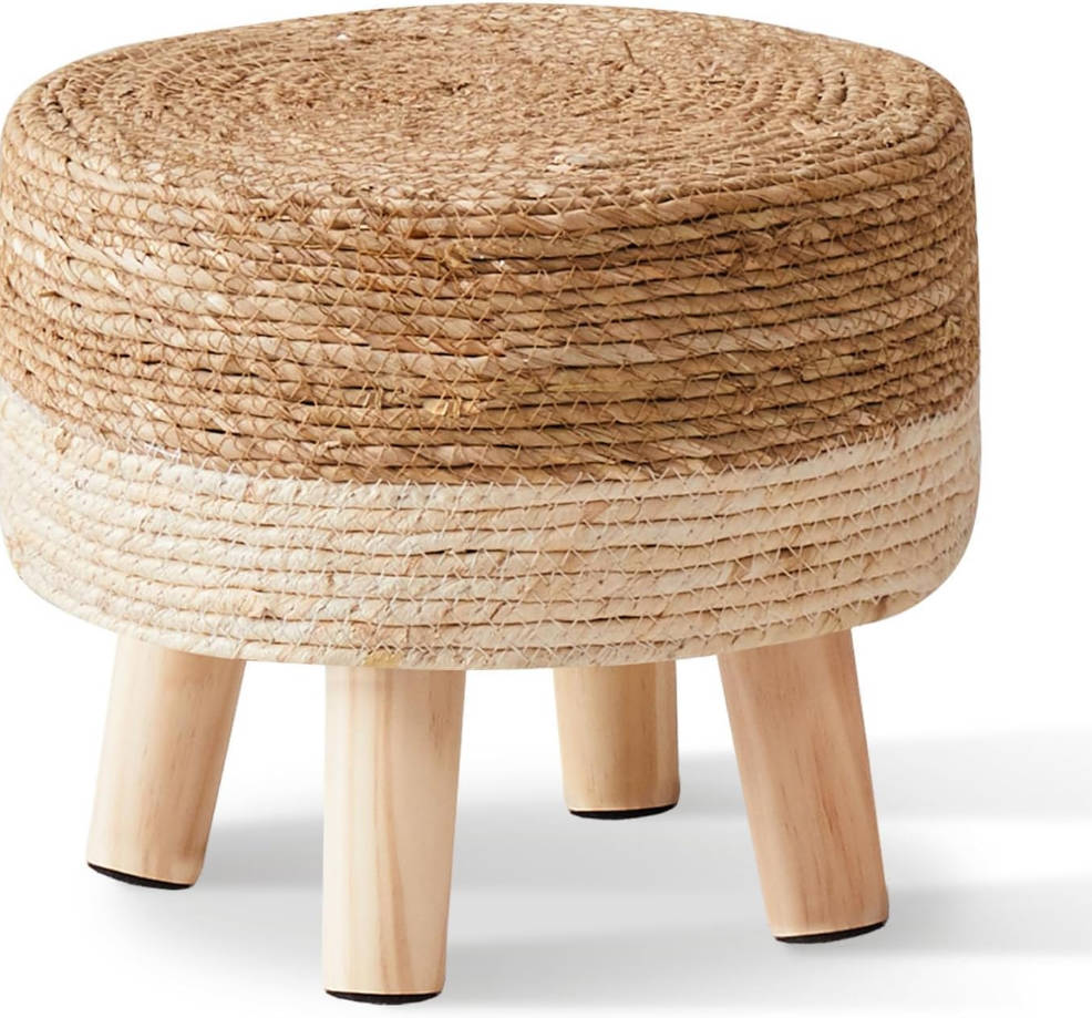 Taburete de pie natural de algas marinas tejidas a mano, otomano redondo para sofá, escritorio, taburete suave acolchado con patas de pino antideslizantes para pasillo, oficina, sala de