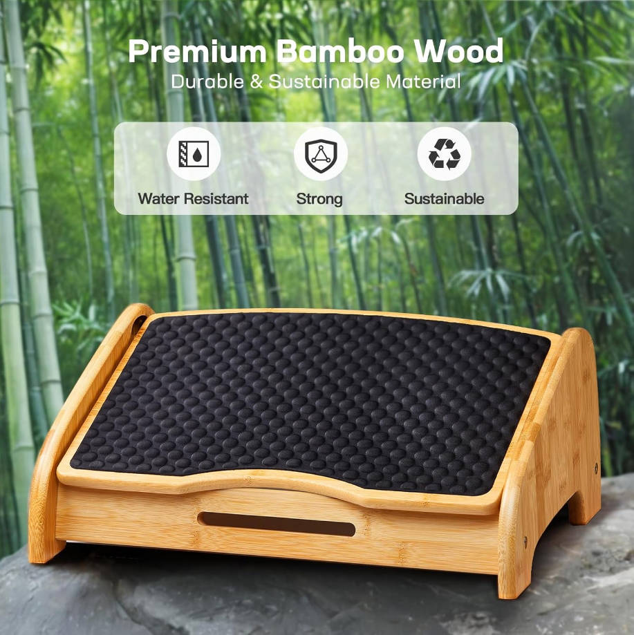  Reposapiés de bambú para debajo del escritorio, reposapiés ergonómico con 4 opciones de altura y ángulos ajustables, superficie de masaje de guijarros, reposapiés antideslizante para debajo del