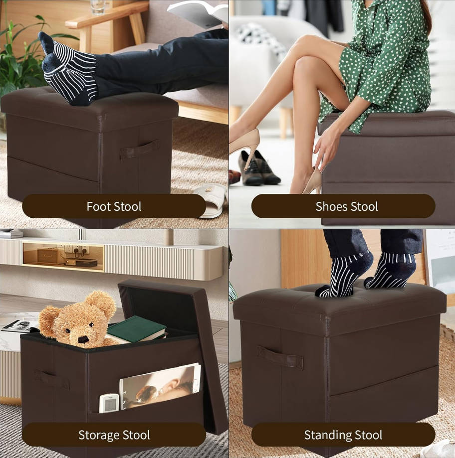 Taburete otomano de almacenamiento, reposapiés plegable de cuero con asiento acolchado de espuma más gruesa. Reposapiés debajo del escritorio para sala de estar y dormitorio, 350 libras, 17 x 13 x 13
