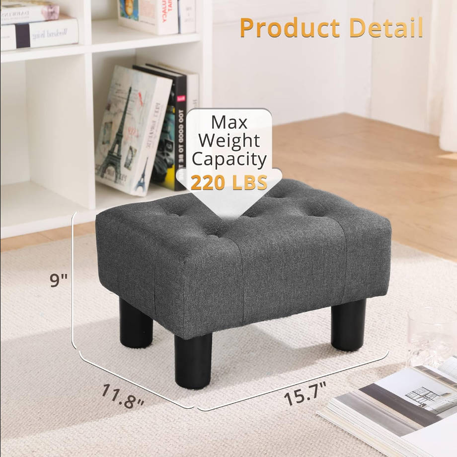Taburete pequeño copetudo, taburetes otomanos de tela con patas de plástico, 9 pulgadas de alto, taburete rectangular para adultos con almohadillas antideslizantes, reposapiés para sofá para