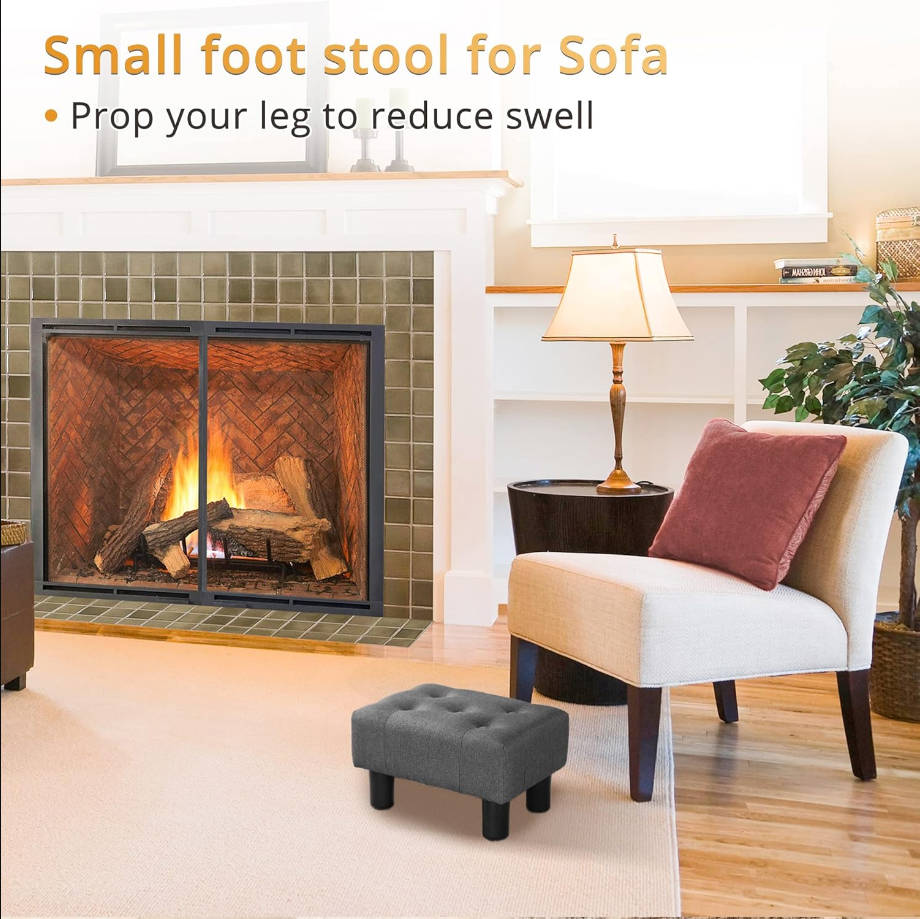Taburete pequeño copetudo, taburetes otomanos de tela con patas de plástico, 9 pulgadas de alto, taburete rectangular para adultos con almohadillas antideslizantes, reposapiés para sofá para