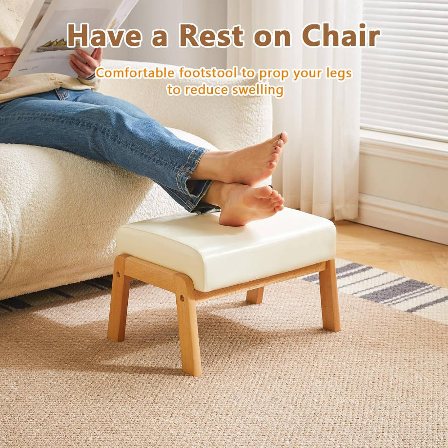 Taburete otomano pequeño de 10.2 pulgadas de alto, reposapiés rectangular de piel sintética con asiento acolchado y patas de madera, reposapiés otomano de acento moderno para sala de estar