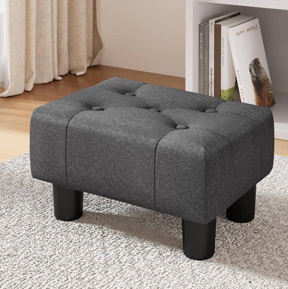 Taburete pequeño copetudo, taburetes otomanos de tela con patas de plástico, 9 pulgadas de alto, taburete rectangular para adultos con almohadillas antideslizantes, reposapiés para sofá para