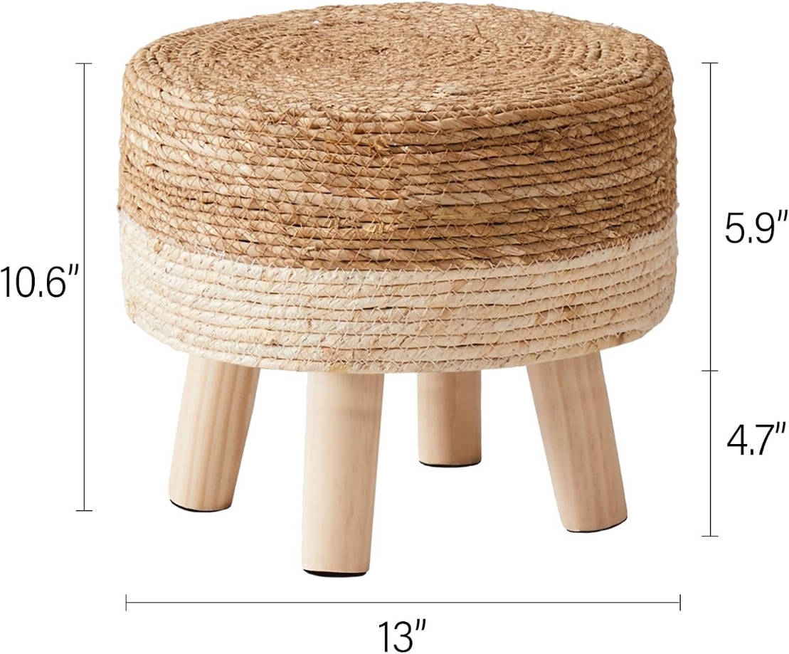 Taburete de pie natural de algas marinas tejidas a mano, otomano redondo para sofá, escritorio, taburete suave acolchado con patas de pino antideslizantes para pasillo, oficina, sala de
