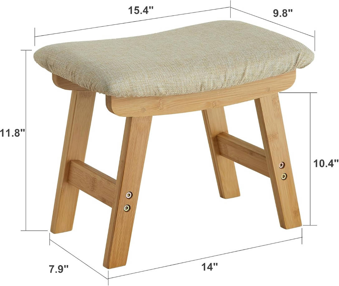 Taburete otomano para pies debajo del escritorio, taburete pequeño para sala de estar, dormitorio y cocina (patas naturales, superficie de taburete beige)
