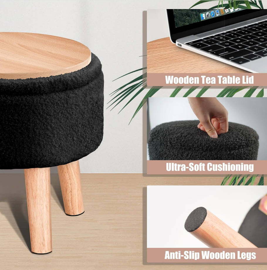 Otomana pequeña con almacenamiento, taburete pequeño otomano con patas de madera, reposapiés Sherpa para sofá, sala de estar y dormitorio, color negro