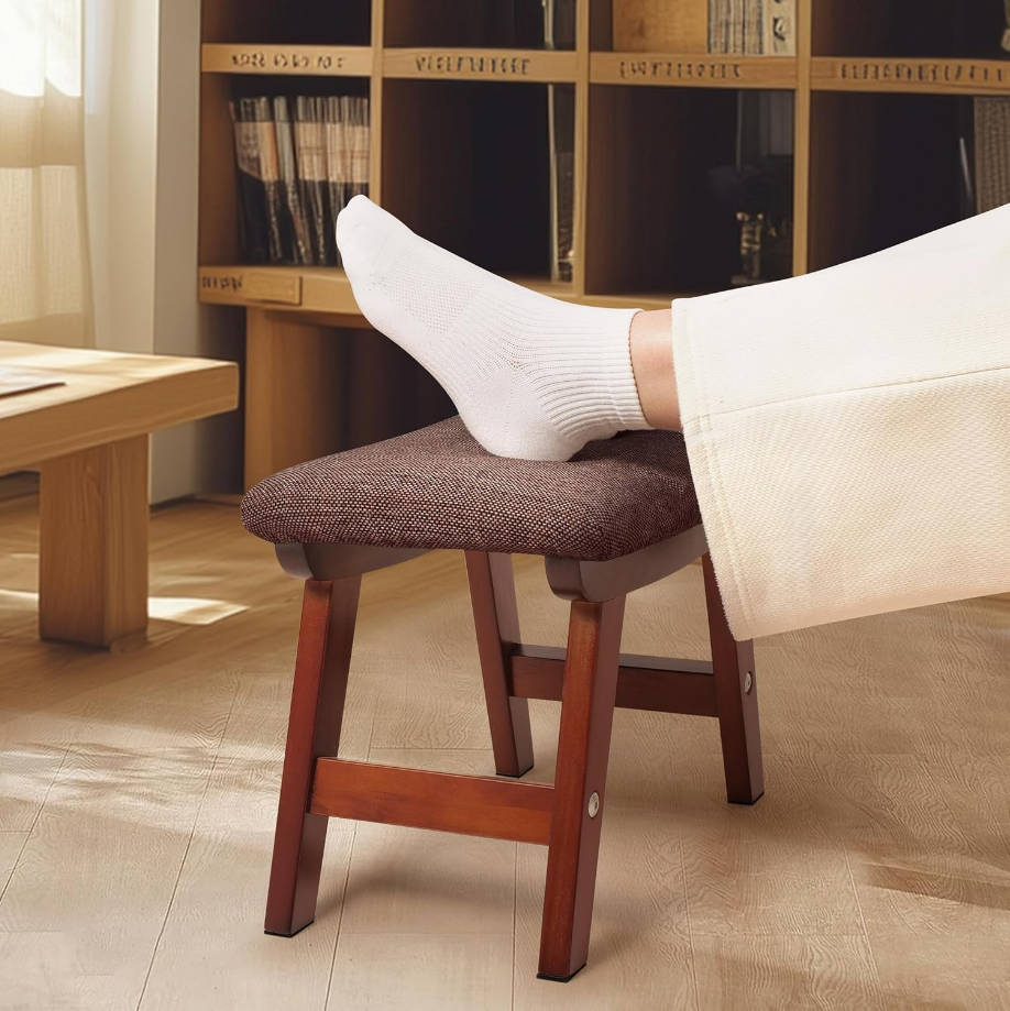 taburete otomano de 15.4 x 10 x 12 pulgadas con marco de madera y cojín de tela, reposapiés otomano para debajo del escritorio, reposapiés para sofá, silla (patas de madera
