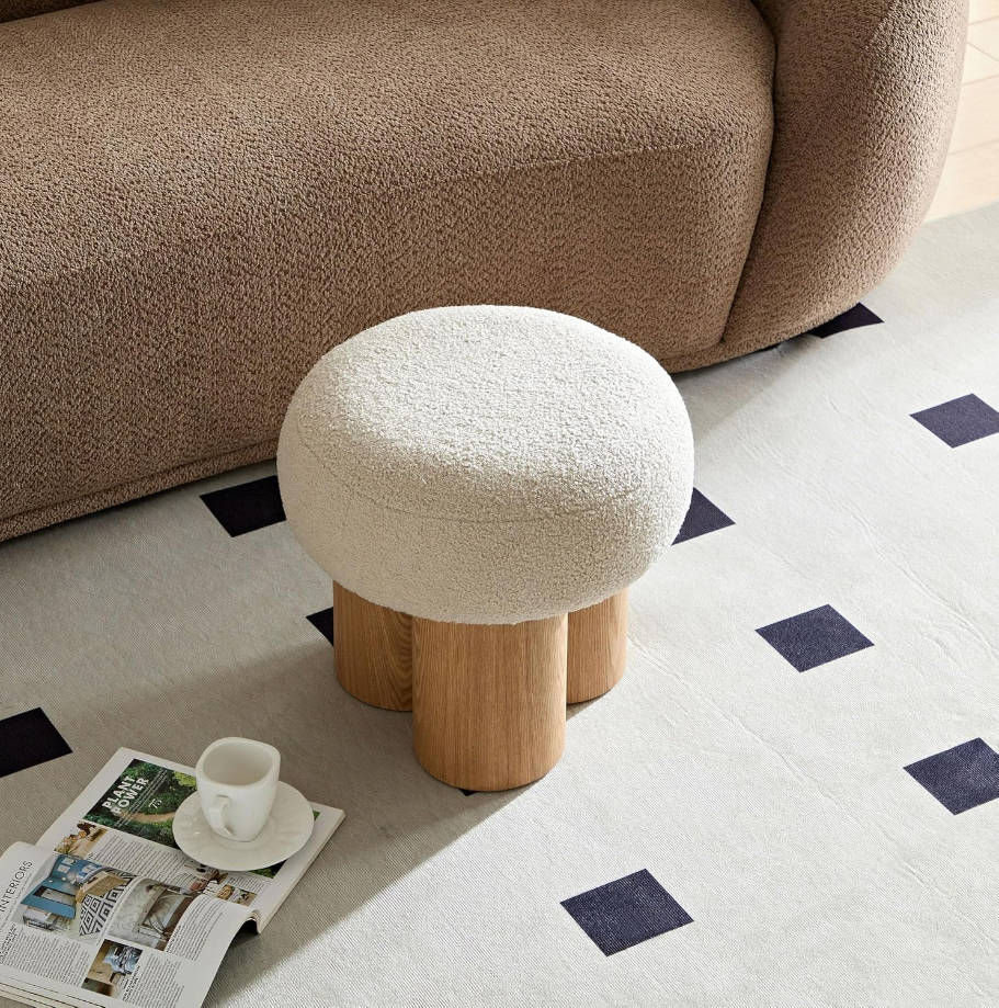 Taburete de pie de seta, otomana redonda de tela de peluche con patas antideslizantes, reposapiés pequeño para debajo del escritorio, sofá, cambio de zapatos en la entrada, sala de estar