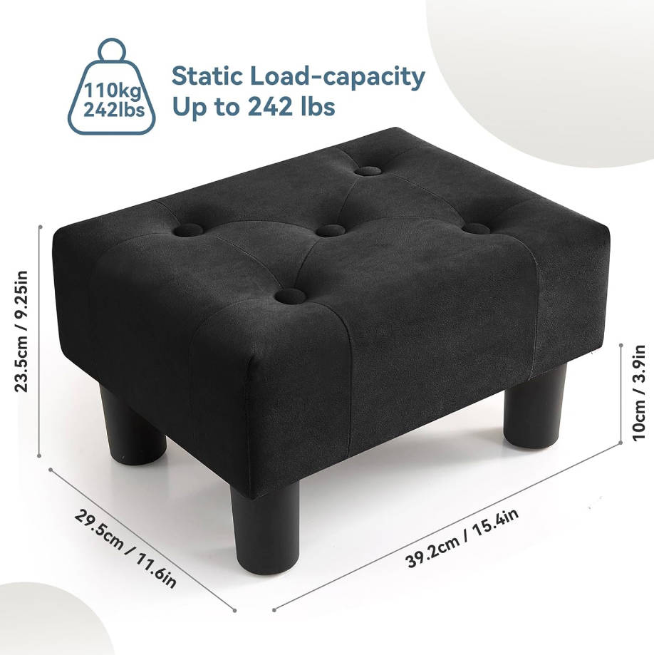 reposapiés otomano de terciopelo con patas, reposapiés rectangular para sofá, reposapiés y otomanos, pequeño para sala de estar y entrada (negro)