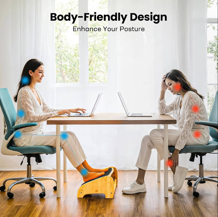  Reposapiés de bambú para debajo del escritorio, reposapiés ergonómico con 4 opciones de altura y ángulos ajustables, superficie de masaje de guijarros, reposapiés antideslizante para debajo del