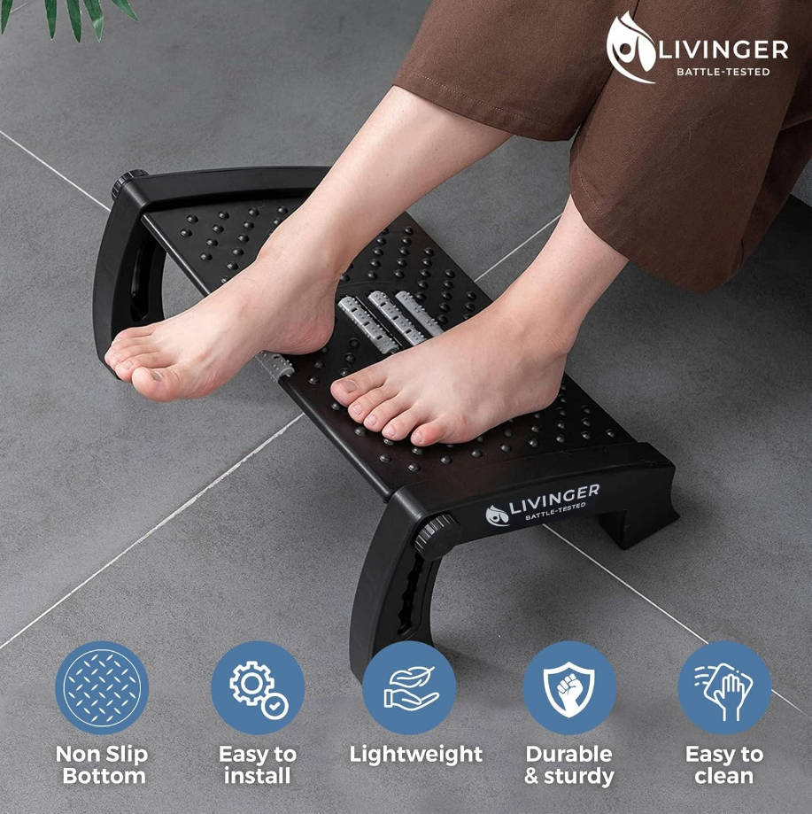 Reposapiés ajustable con 6 ajustes de altura - Soporte debajo del escritorio con patas antideslizantes - Rodillo ergonómico para pies - Diseño resistente para oficina o hogar