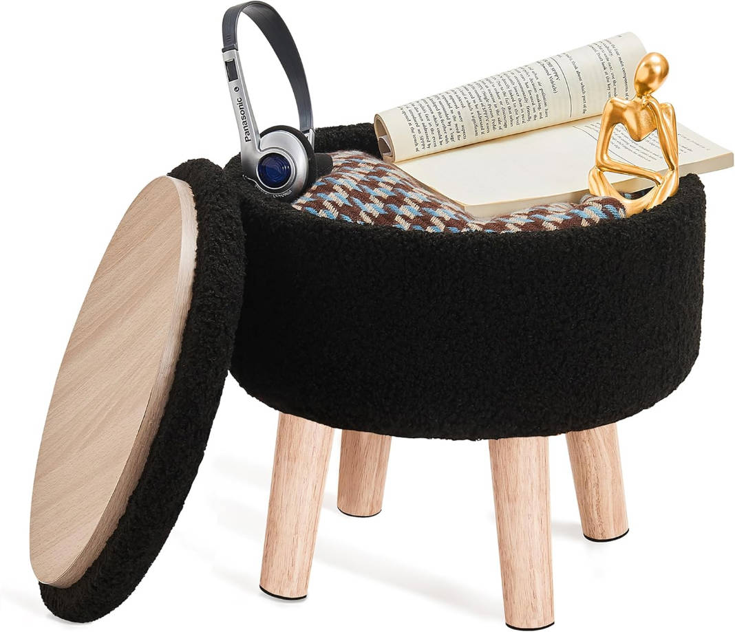 Otomana pequeña con almacenamiento, taburete pequeño otomano con patas de madera, reposapiés Sherpa para sofá, sala de estar y dormitorio, color negro