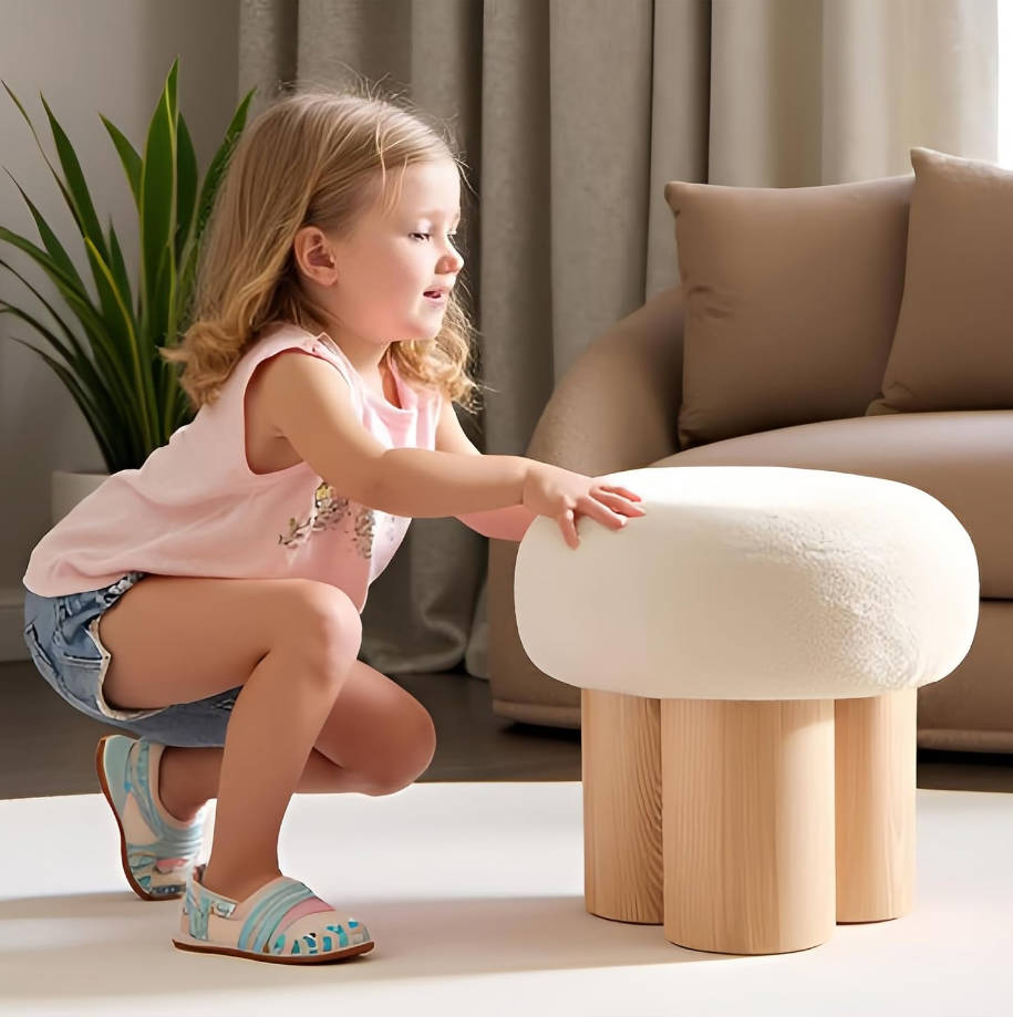 Taburete de pie de seta, otomana redonda de tela de peluche con patas antideslizantes, reposapiés pequeño para debajo del escritorio, sofá, cambio de zapatos en la entrada, sala de estar