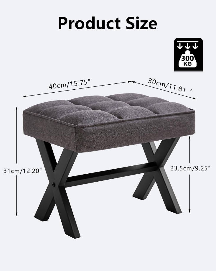 Reposapiés pequeño de 12 pulgadas de alto, taburete cuadrado de lino con patas en X de metal, multiusos como mesa auxiliar pequeña, taburete para sala de estar, dormitorio, entrada, oficina,