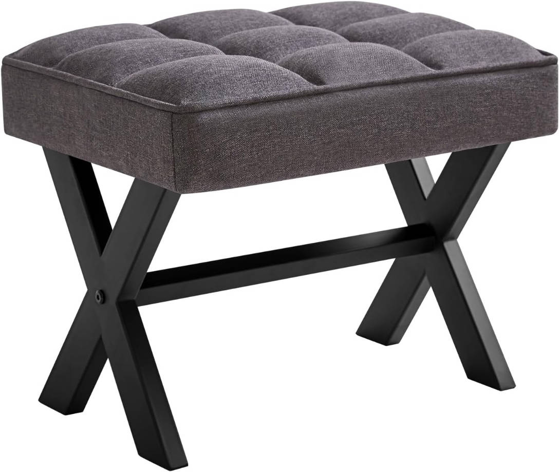 Reposapiés pequeño de 12 pulgadas de alto, taburete cuadrado de lino con patas en X de metal, multiusos como mesa auxiliar pequeña, taburete para sala de estar, dormitorio, entrada, oficina,