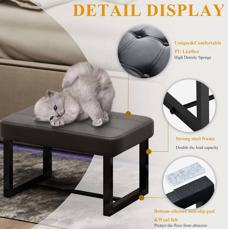  taburete reposapiés, taburete de cuero para debajo del escritorio, asiento rectangular para zapatos para sala de estar, dormitorio y cocina, sofá, entrada (negro) (cuero, 1)
