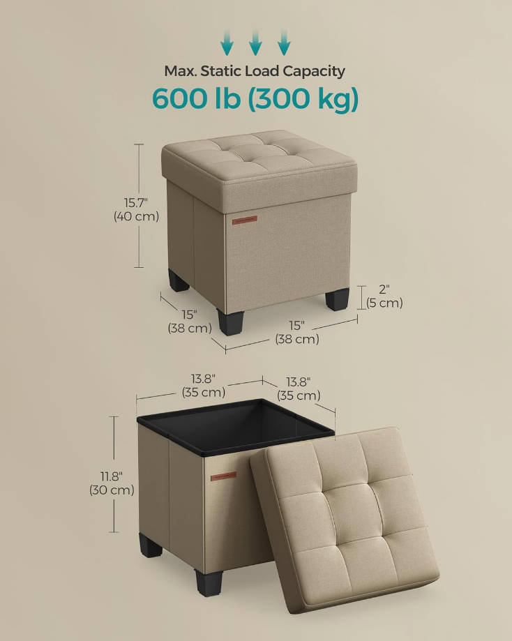Otomana de almacenamiento, reposapiés otomano pequeño con patas, taburete de pie de 15 x 15 x 15.7 pulgadas, carga de hasta 660 libras, para sala de estar, dormitorio, dormitorio, marrón