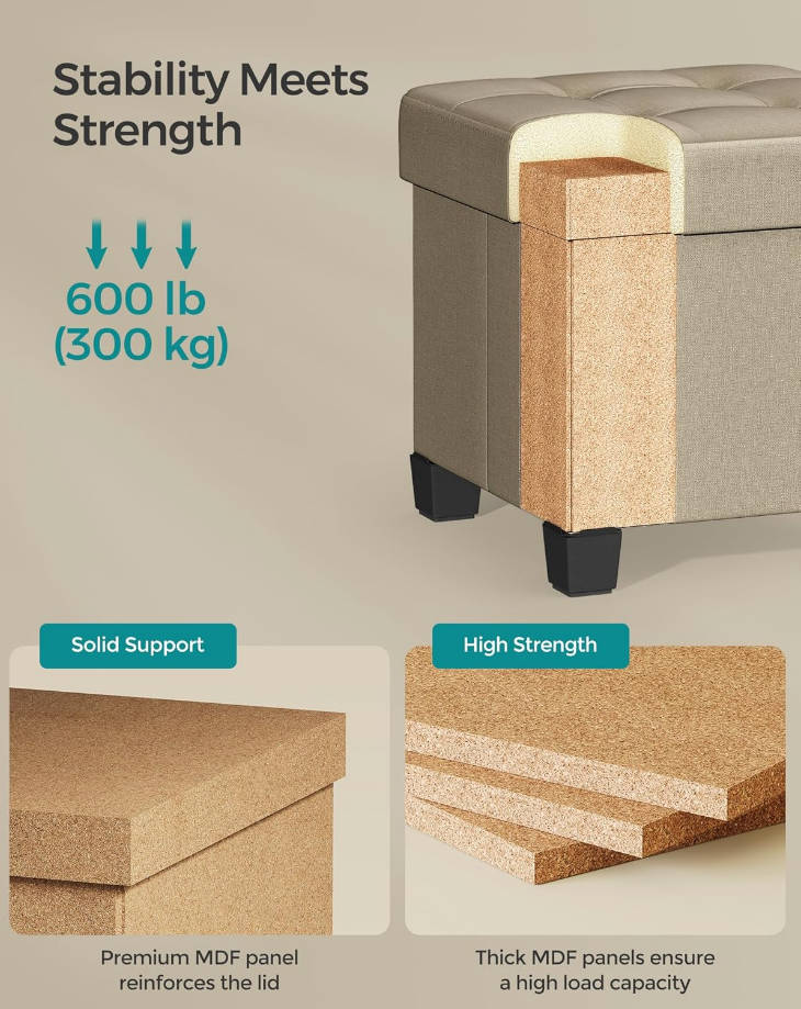 Otomana de almacenamiento, reposapiés otomano pequeño con patas, taburete de pie de 15 x 15 x 15.7 pulgadas, carga de hasta 660 libras, para sala de estar, dormitorio, dormitorio, marrón