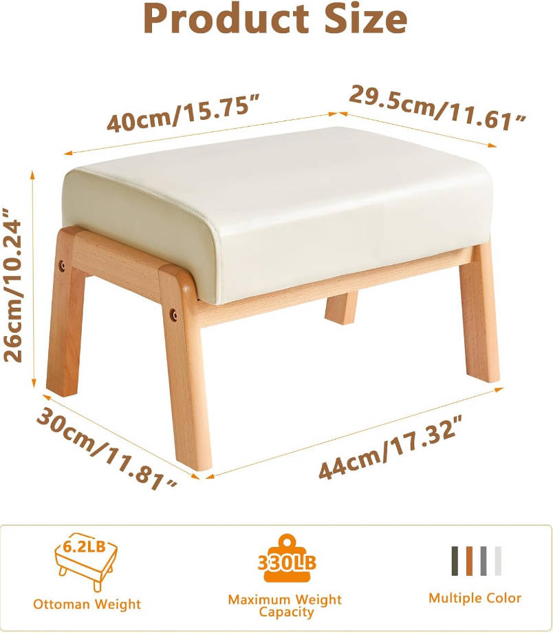 Taburete otomano pequeño de 10.2 pulgadas de alto, reposapiés rectangular de piel sintética con asiento acolchado y patas de madera, reposapiés otomano de acento moderno para sala de estar
