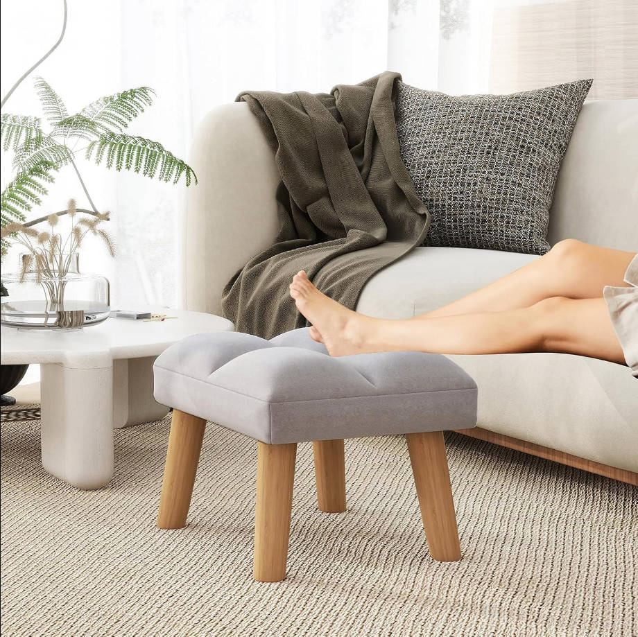 Reposapiés, pequeño taburete otomano con patas de madera, moderno asiento acolchado para sofá, taburete reposapiés, taburete de terciopelo para pies, sofá reposapiés para sala de estar, entrada,