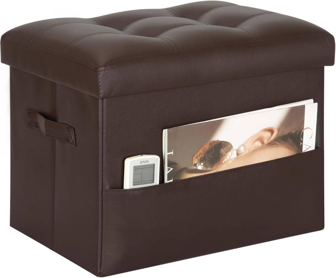 Taburete otomano de almacenamiento, reposapiés plegable de cuero con asiento acolchado de espuma más gruesa. Reposapiés debajo del escritorio para sala de estar y dormitorio, 350 libras, 17 x 13 x 13