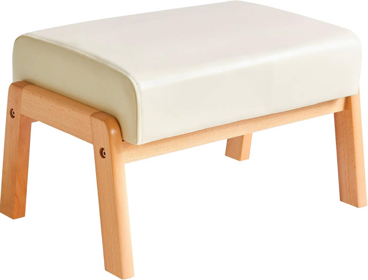 Taburete otomano pequeño de 10.2 pulgadas de alto, reposapiés rectangular de piel sintética con asiento acolchado y patas de madera, reposapiés otomano de acento moderno para sala de estar