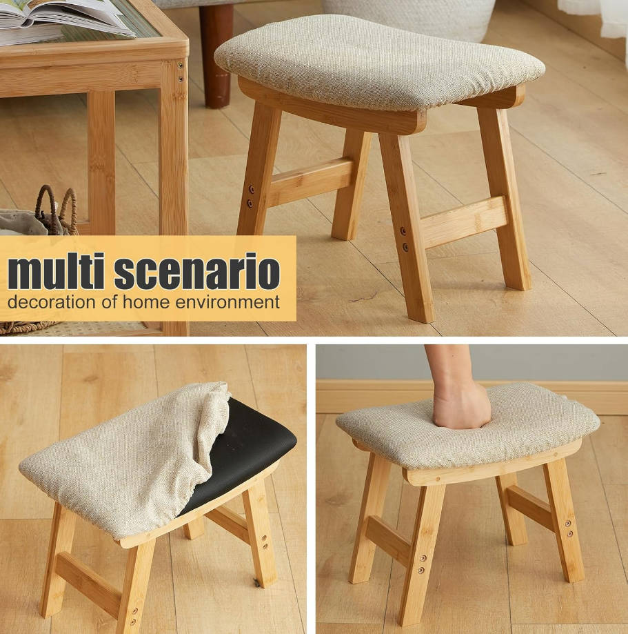 Taburete otomano para pies debajo del escritorio, taburete pequeño para sala de estar, dormitorio y cocina (patas naturales, superficie de taburete beige)