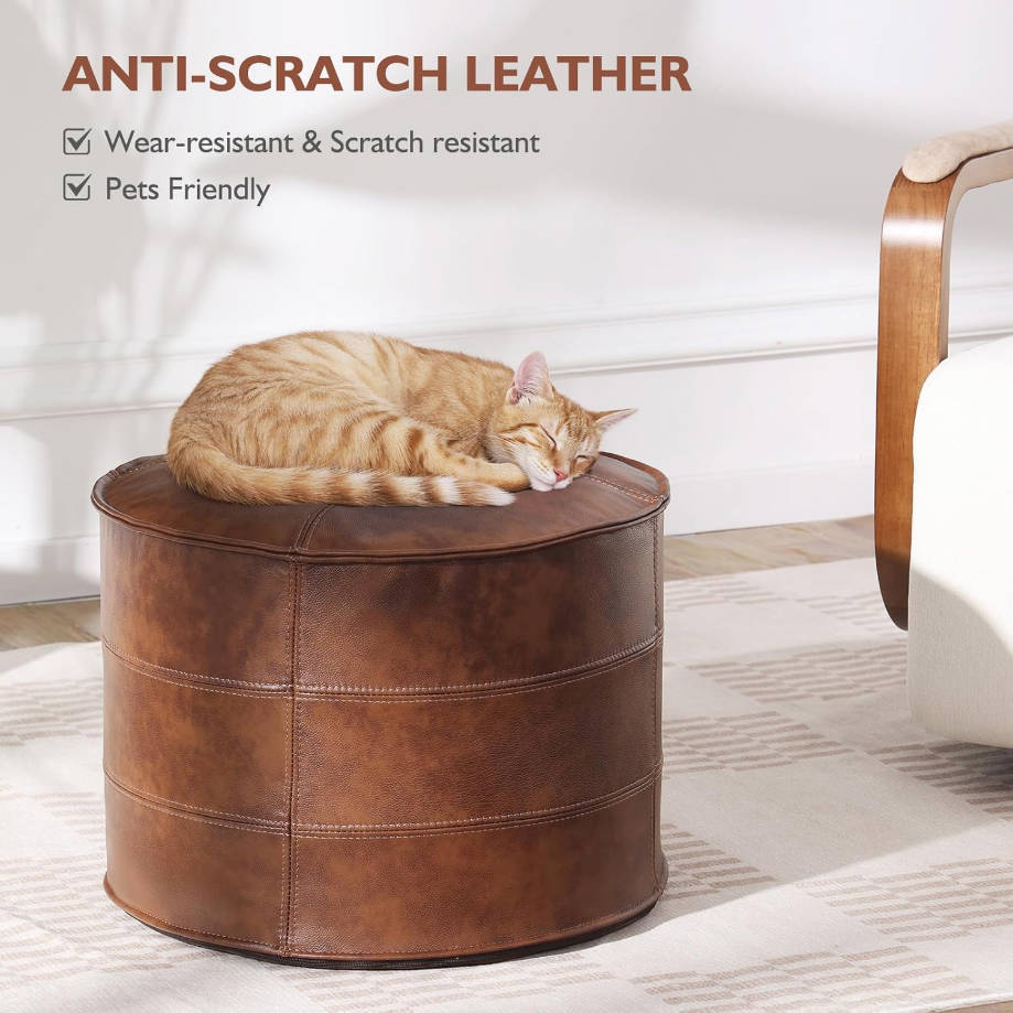 de cuero, otomana cuadrada rellena hecha a mano, puf de cuero auténtico, reposapiés, asiento cómodo y suave para sala de estar y dormitorio (marrón, redondo)
