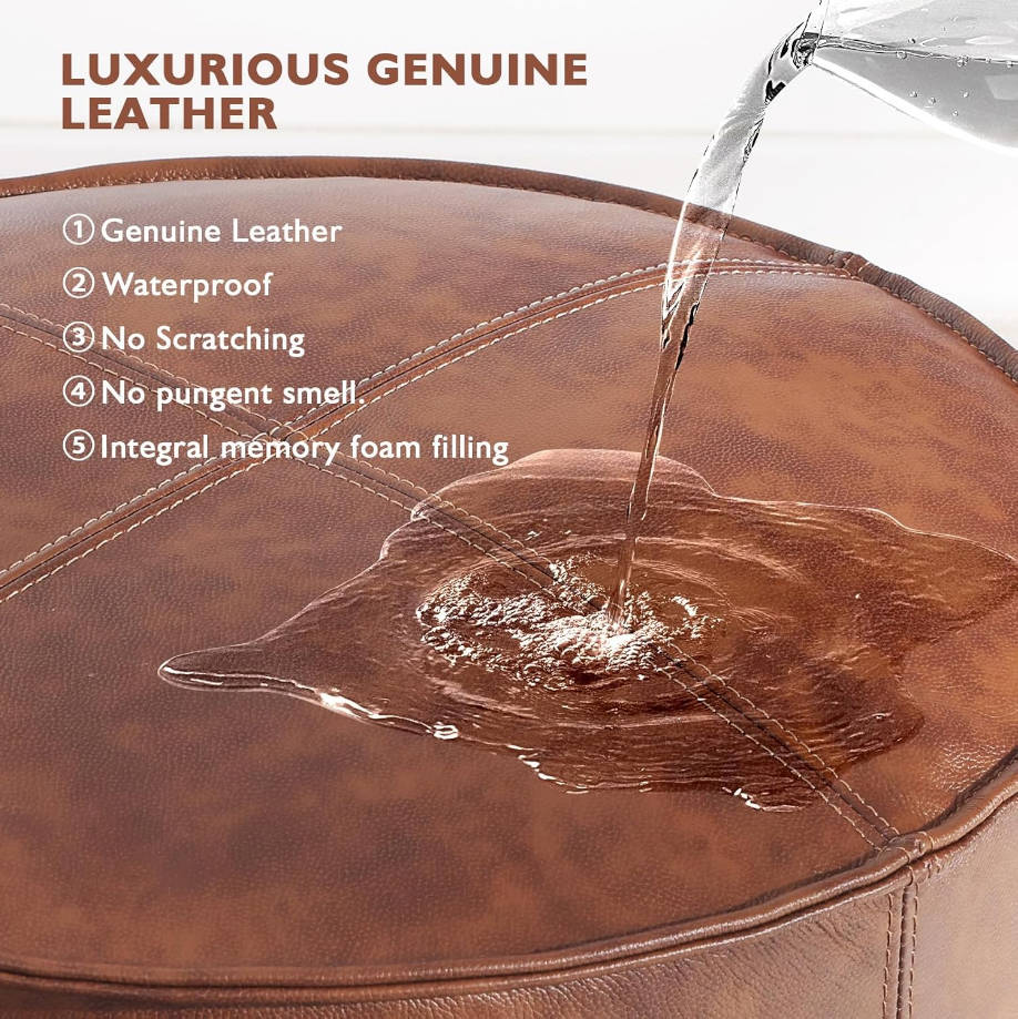 de cuero, otomana cuadrada rellena hecha a mano, puf de cuero auténtico, reposapiés, asiento cómodo y suave para sala de estar y dormitorio (marrón, redondo)