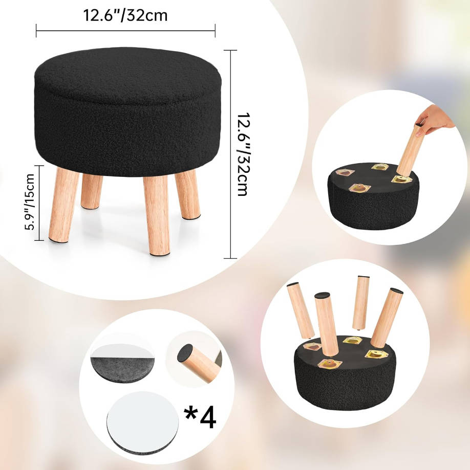 Otomana pequeña con almacenamiento, taburete pequeño otomano con patas de madera, reposapiés Sherpa para sofá, sala de estar y dormitorio, color negro
