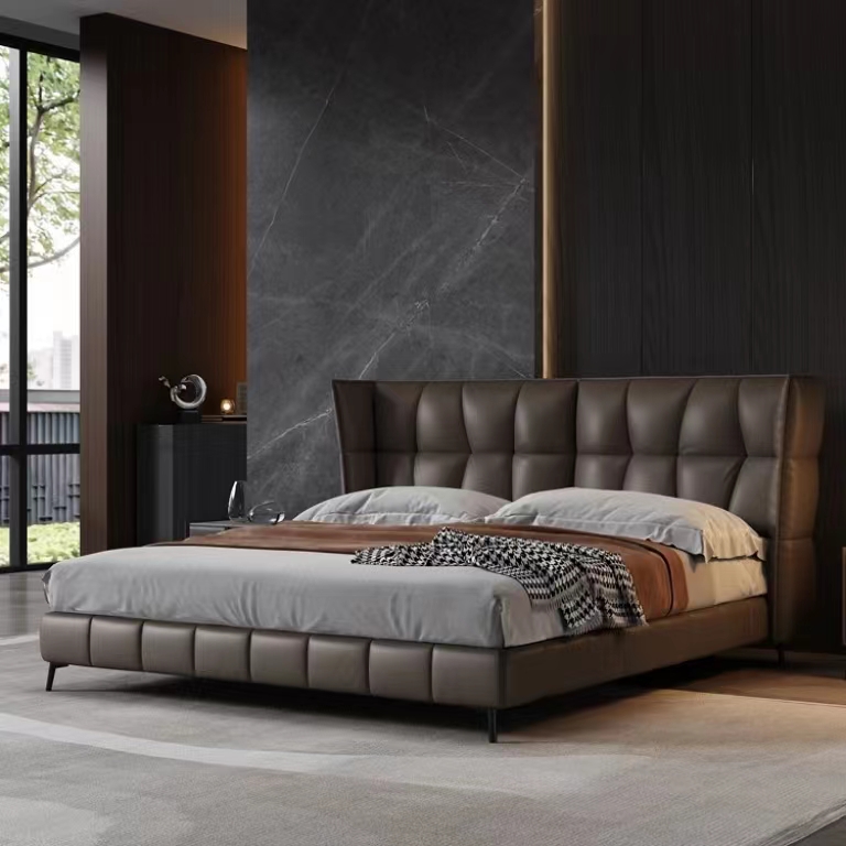 High Quality Modern Leather Wooden Furniture Luxurious Bed King Size Double Up-holstered Beds