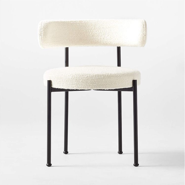Mid Century Modern Cream White Wool Blend Lambswool Fabric Black Metal Leg Restaurant Boucle Dining Chair