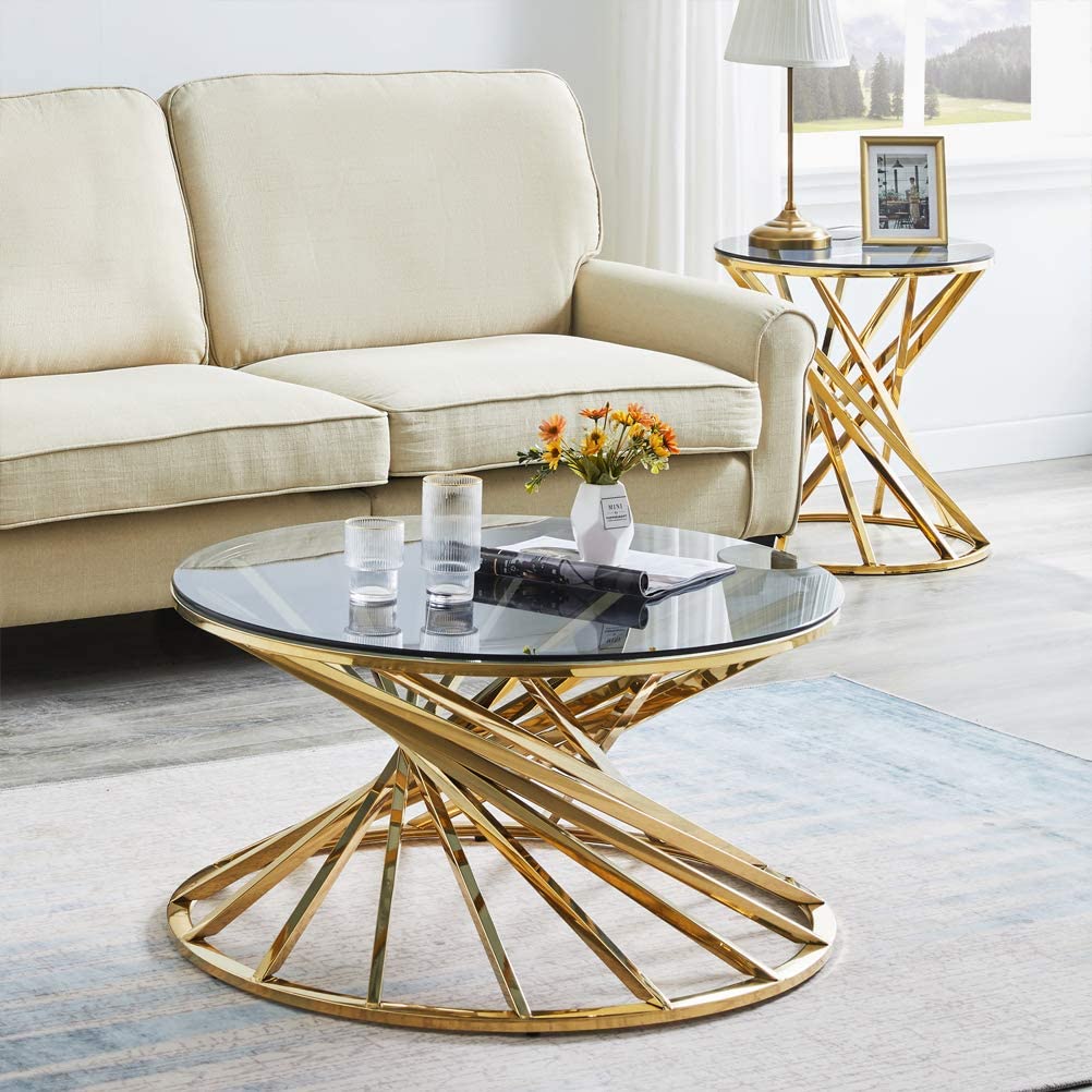 Luxury Coffee Table Living Room Furniture Clear Tempered Glass Table Top Gold Metal Stainless Steel Round Coffee Table