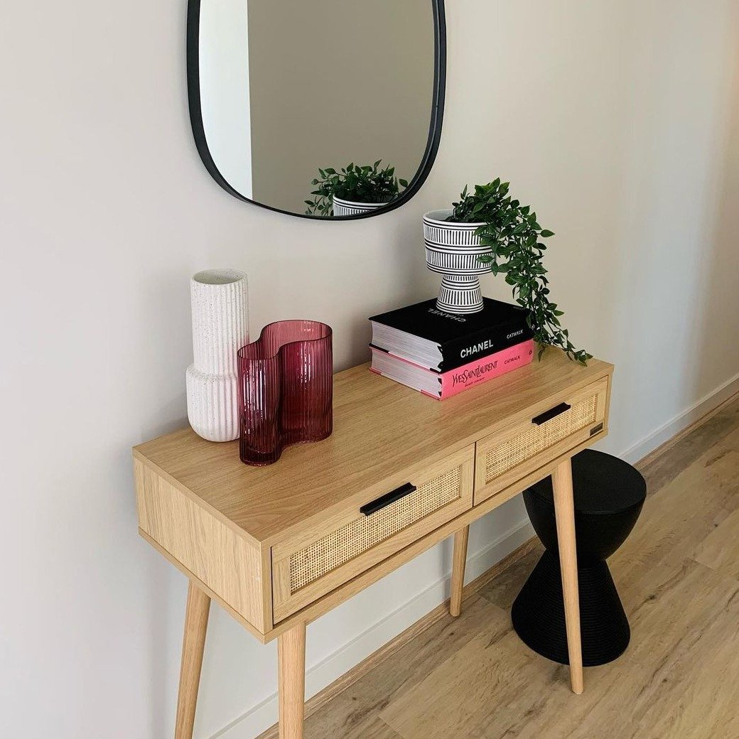 Modern Home Furniture Decor Rattan Console Tables Drawer Storage Wood Console Table With Solid Wood Legs