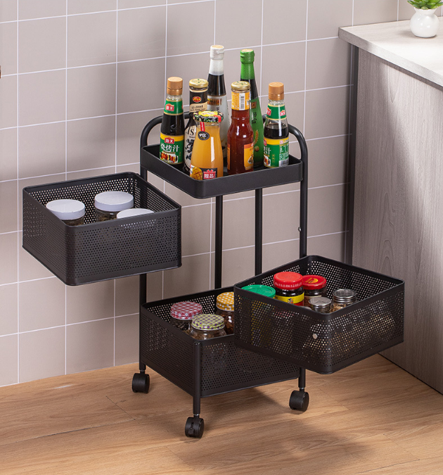 Multifunctional White and Black Color square Shape Fruit and Vegetable Rotatable Kitchen Storage Rotating Trolley with Wheels