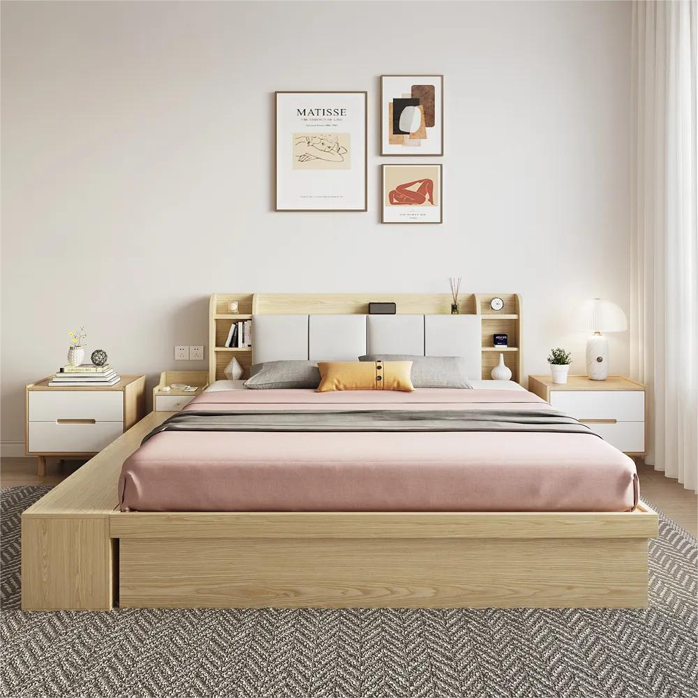  Modern Design Wooden Bedding Set Bedroom Furniture Storage Fabric Headboard King Size Bed With Drawer
