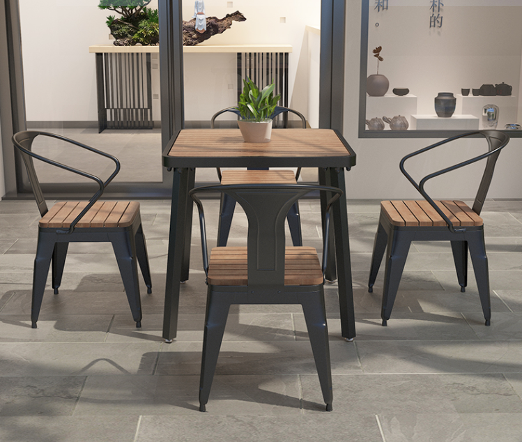 Modern Industrial Black Metal Wood Furniture Chair Patio Garden Restaurant Outdoor Dining Tables and Chairs Set
