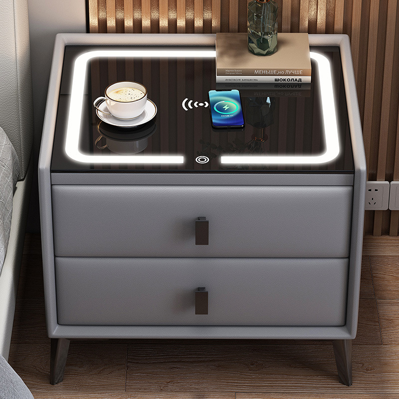 Modern Design Multifunctional Bedside Table Pine Wood Bedside Table With Led Light and Speaker