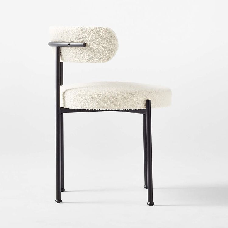 Mid Century Modern Cream White Wool Blend Lambswool Fabric Black Metal Leg Restaurant Boucle Dining Chair