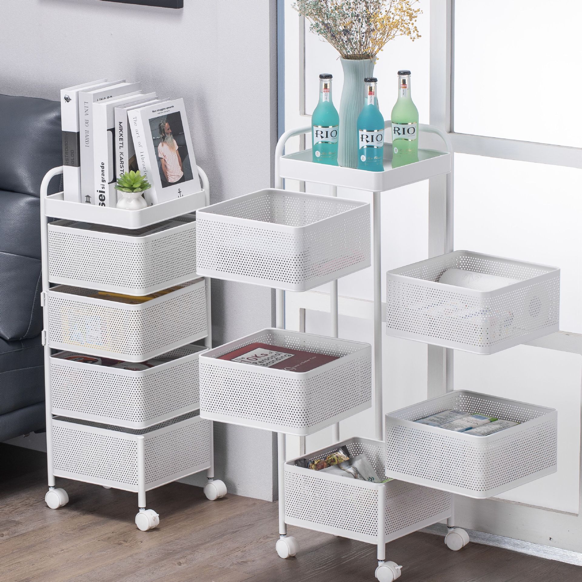 Multifunctional White and Black Color square Shape Fruit and Vegetable Rotatable Kitchen Storage Rotating Trolley with Wheels