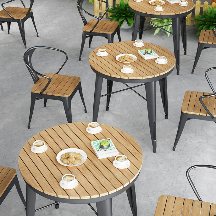 Modern Industrial Black Metal Wood Furniture Chair Patio Garden Restaurant Outdoor Dining Tables and Chairs Set