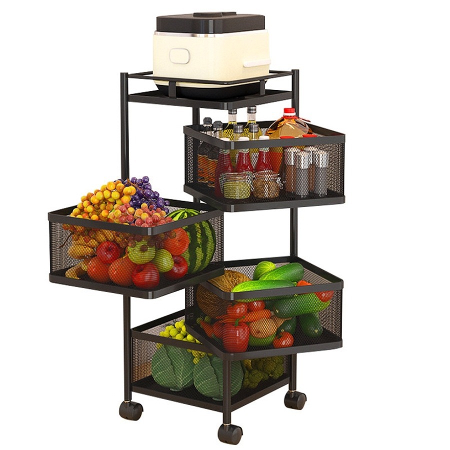 Multifunctional White and Black Color square Shape Fruit and Vegetable Rotatable Kitchen Storage Rotating Trolley with Wheels
