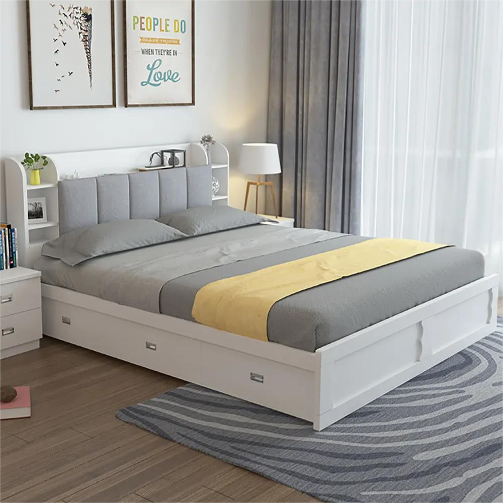  Modern Design Wooden Bedding Set Bedroom Furniture Storage Fabric Headboard King Size Bed With Drawer