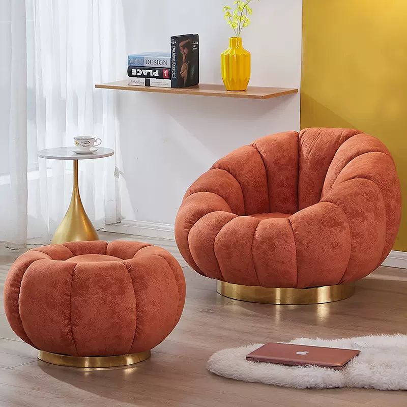 Cream White Channeled Pumpkin Shaped Boucle Swivel Lounge Chair With Footstool